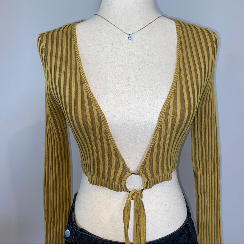 Pretty Little Thing Striped Mustard Long Sleeve Crop Top Tie front size medium